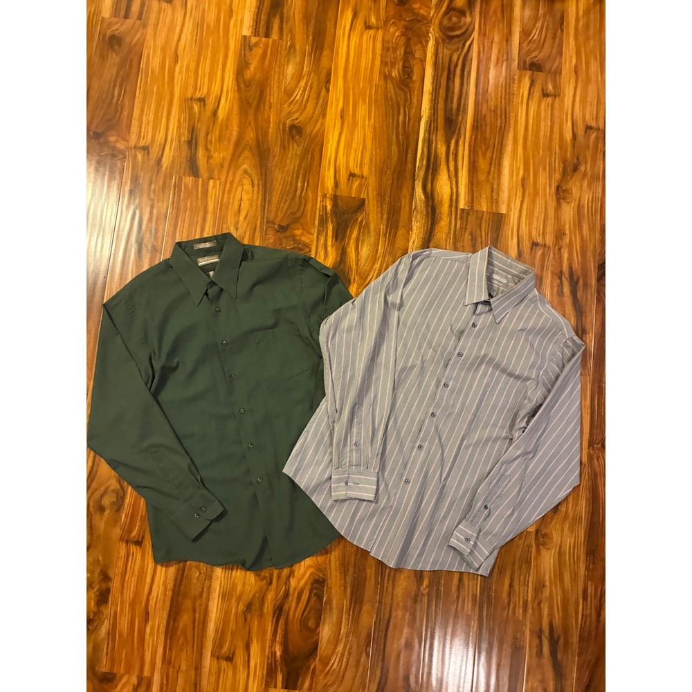 Lot of 2 Van Heusen Mens Fitted Dress Shirts 16.5 34/35 Green Grey Stripe L